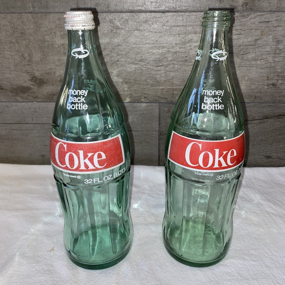 Two Coca Cola Coke 32 fl oz Glass Bottles